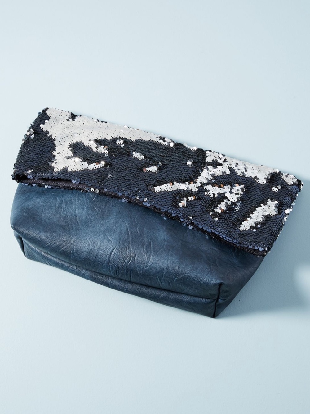 BRAND NEW Anthropologie Navy Sequin Shimmer Large Foldover Clutch